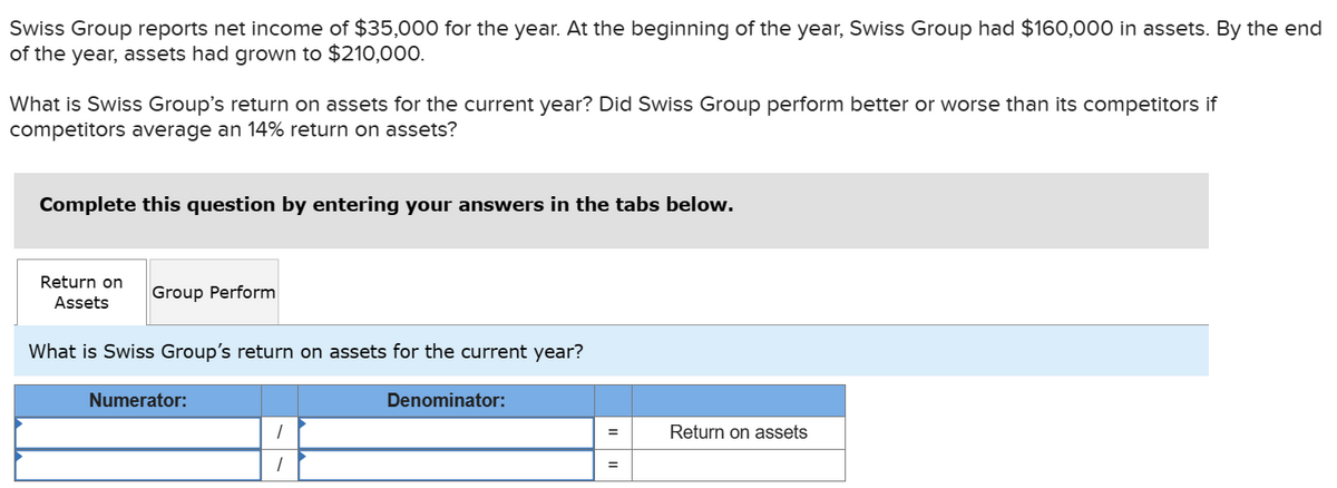 Swiss Group reports net income of $35,000 for the year. At the beginning of the year, Swiss Group had $160,000 in assets. By the end
of the year, assets had grown to $210,000.
What is Swiss Group's return on assets for the current year? Did Swiss Group perform better or worse than its competitors if
competitors average an 14% return on assets?
Complete this question by entering your answers in the tabs below.
Return on
Assets
Group Perform
What is Swiss Group's return on assets for the current year?
Numerator:
1
1
Denominator:
=
Return on assets