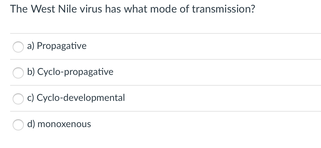 The West Nile virus has what mode of transmission?
a) Propagative
b) Cyclo-propagative
c) Cyclo-developmental
d) monoxenous