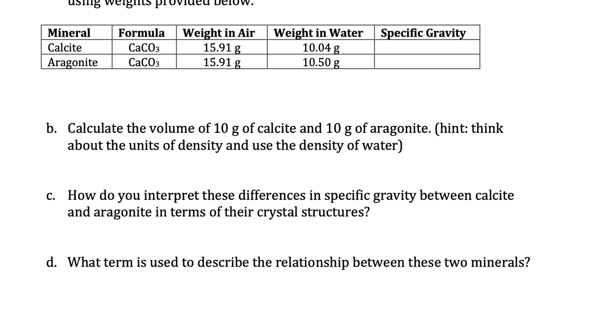 Mineral
Calcite
Aragonite
Formula
CaCO3
CaCO3
below.
Weight in Air
15.91 g
15.91 g
Weight in Water
10.04 g
10.50 g
Specific Gravity
b. Calculate the volume of 10 g of calcite and 10 g of aragonite. (hint: think
about the units of density and use the density of water)
c. How do you interpret these differences in specific gravity between calcite
and aragonite in terms of their crystal structures?
d. What term is used to describe the relationship between these two minerals?