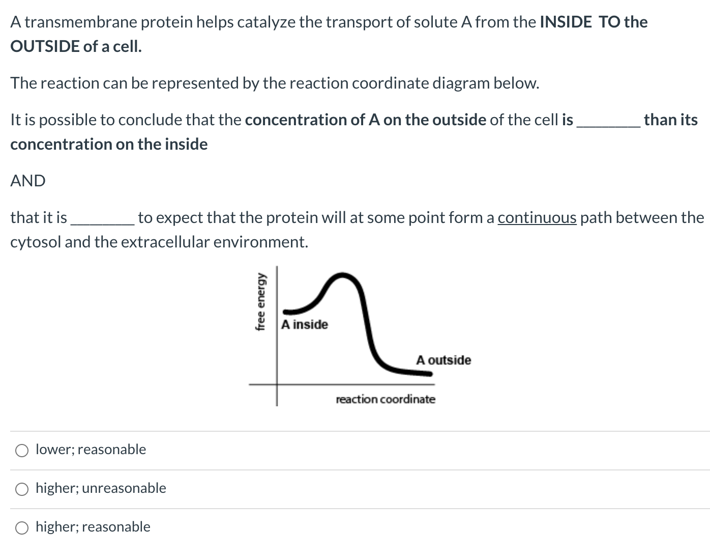 A transmembrane protein helps catalyze the transport of solute A from the INSIDE TO the
OUTSIDE of a cell.
The reaction can be represented by the reaction coordinate diagram below.
It is possible to conclude that the concentration of A on the outside of the cell is
than its
concentration on the inside
AND
that it is_ to expect that the protein will at some point form a continuous path between th
cytosol and the extracellular environment.
A inside
A outside
reaction coordinate
O lower; reasonable
O higher; unreasonable
O higher; reasonable
free energy
