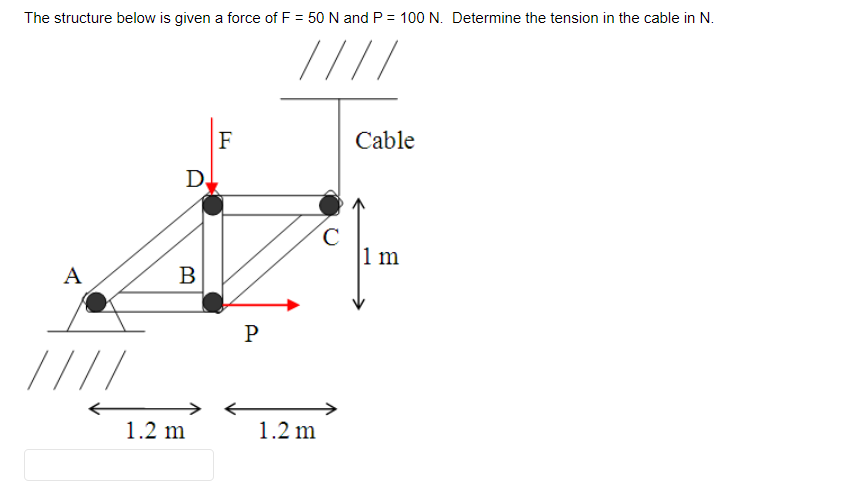 The structure below is given a force of F = 50 N and P = 100 N. Determine the tension in the cable in N.
////
A
////
D
B
1.2 m
F
P
1.2 m
Cable
C
4
1 m