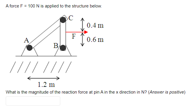 A force F = 100 N is applied to the structure below.
C
A
B
///////
F
0.4m
0.6m
1.2 m
What is the magnitude of the reaction force at pin A in the x direction in N? (Answer is positive)