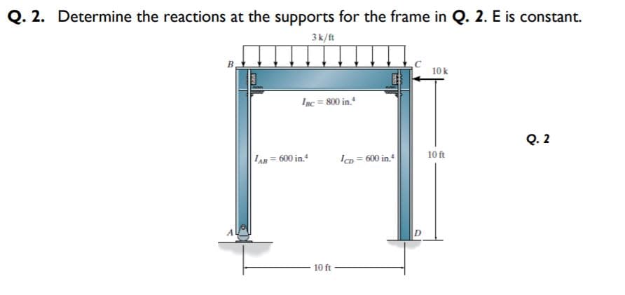 Q. 2. Determine the reactions at the supports for the frame in Q. 2. E is constant.
3k/ft
B
10 k
Inc = 800 in.
Q. 2
10 ft
LAn= 600 in.
IcD = 600 in.
10 ft

