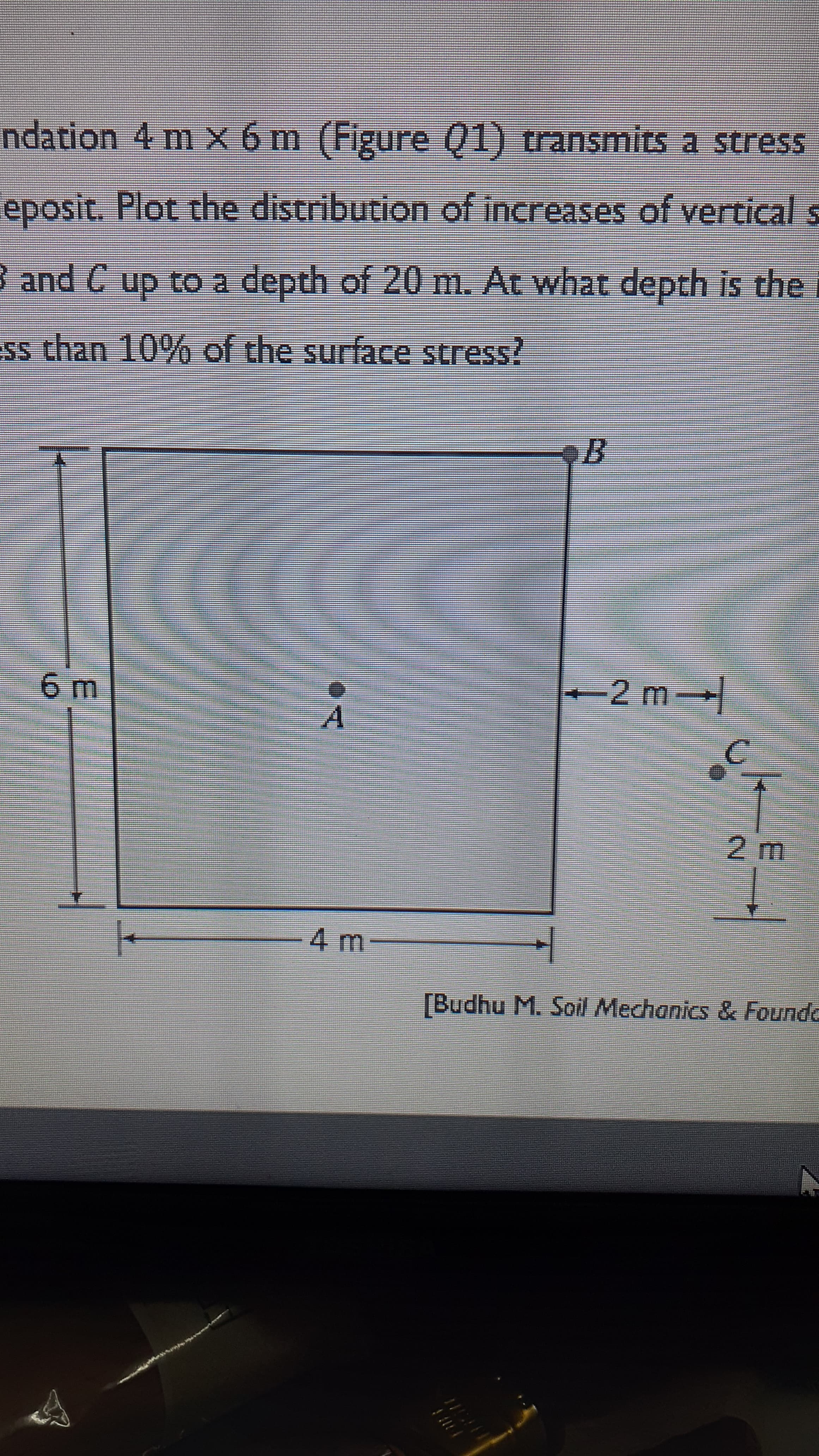 ndation 4 m X 6 m (Figure Q1) transmits a stress
eposit. Plot the distribution of increases of vertical
3 and C up to a depth of 20 m. At what depth is the i
ss than 10% of the surface stress?
+2 m
A.
[Budhu M. Soil Mechanics & Foundo
