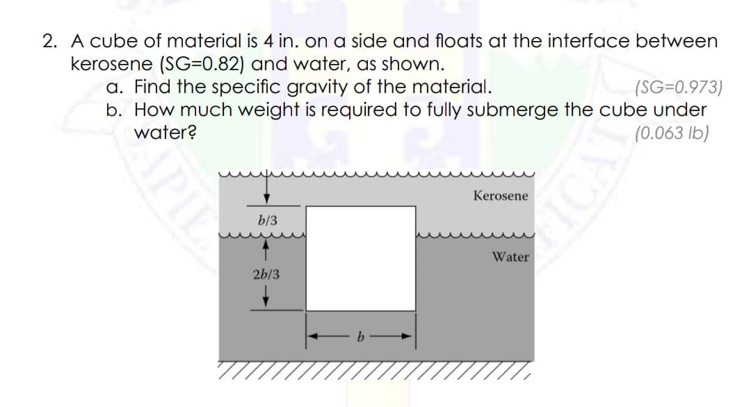 2. A cube of material is 4 in. on a side and floats at the interface between
kerosene (SG=0.82) and water, as shown.
a. Find the specific gravity of the material.
b. How much weight is required to fully submerge the cube under
water?
(SG=0.973)
(0.063 lb)
Kerosene
b/3
Water
2b/3
IPILX
