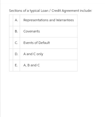 Sections of a typical Loan / Credit Agreement include:
A. Representations and Warrantees
B.
C.
D.
E.
Covenants
Events of Default
A and C only
A, B and C