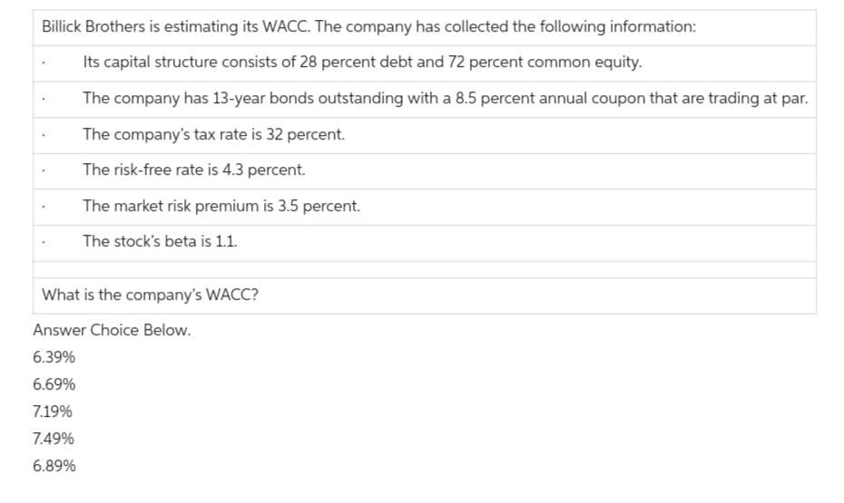 Billick Brothers is estimating its WACC. The company has collected the following information:
Its capital structure consists of 28 percent debt and 72 percent common equity.
The company has 13-year bonds outstanding with a 8.5 percent annual coupon that are trading at par.
The company's tax rate is 32 percent.
The risk-free rate is 4.3 percent.
The market risk premium is 3.5 percent.
The stock's beta is 1.1.
What is the company's WACC?
Answer Choice Below.
6.39%
6.69%
7.19%
7.49%
6.89%