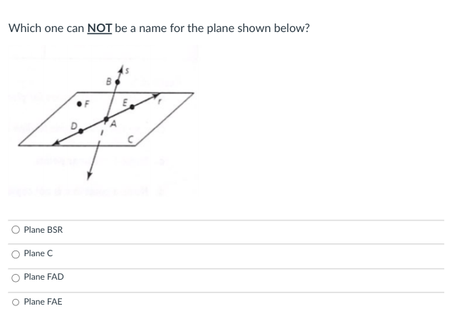 Which one can NOT be a name for the plane shown below?
Plane BSR
Plane C
Plane FAD
O Plane FAE
B
E