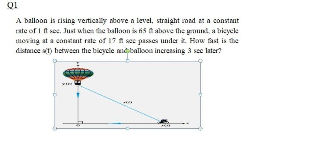 Q1
A balloon is rising vertically above a level, straight road at a constant
rate of 1 ft sec. Just when the balloon is 65 ft above the ground, a bicycle
moving at a constant rate of 17 ft sec passes under it. How fast is the
distance s(t) between the bicycle anoballoon increasing 3 sec later?
