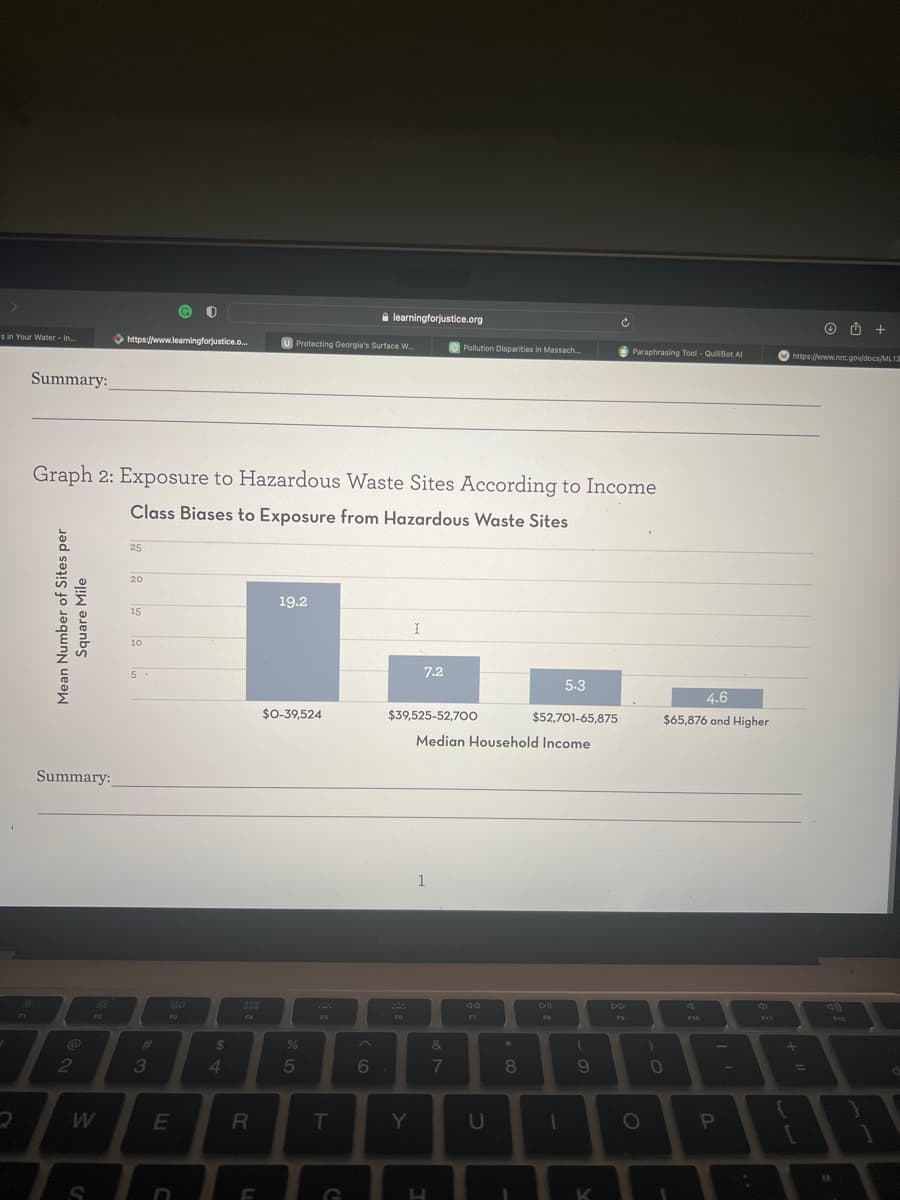 s in Your Water-In...
Summary:
Mean Number of Sites per
Square Mile
Summary:
2
https://www.learningforjustice.....
F2
Graph 2: Exposure to Hazardous Waste Sites According to Income
Class Biases to Exposure from Hazardous Waste Sites
25
20
15
10
5
3
80
E
D
$
4
F4
R
LL
U Protecting Georgia's Surface W...
19.2
$0-39,524
%
5
FS
T
learningforjustice.org
co
6
I
Y
7.2
5.3
$52,701-65,875
Median Household Income
$39,525-52,700
1
L
Pollution Disparities in Massach...
&
N
7
44
FT
U
* CO
8
1
DII
FO
-
9
K
Paraphrasing Tool - QuillBot Al
DD
F9
O
4.6
$65,876 and Higher
0
1
4
F10
P
;
F11
Ⓒ +
https://www.nrc.gov/docs/ML13
11
11
d