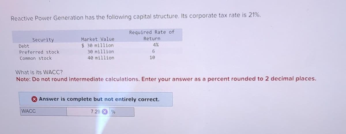 Reactive Power Generation has the following capital structure. Its corporate tax rate is 21%.
Required Rate of
Return
4%
6
10
Security
Debt
Preferred stock
Common stock
Market Value
$ 30 million
30 million
40 million
What is its WACC?
Note: Do not round intermediate calculations. Enter your answer as a percent rounded to 2 decimal places.
WACC
Answer is complete but not entirely correct.
7.29%