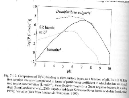 10
Desulfovibrio vulgaris'
6.
SR humic
acid?
hematite
$ 6 7 8 9
pH
3
4
10
Fig. 7-12. Comparison of U(VI) binding to three surface types, as a function of pH. I=0.01 M. Rela
tive sorption intensity is expressed in terms of partitioning coefficient in which the data are sorma-
ized to site concentration (L mole-). Desulfenibrio vulgaris: a Gram-negative bacteria in a resing
stage (from Landkamer et al. 2000, unpublished data); Suwannee River humic acid (data from Lenhrt.
1997); hematite (data from Lenhart & Honeyman, 1999).
log (P (L mole")]
