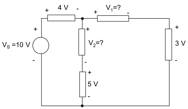 Vs=10 V
4 V
V₂=?
+
5 V
V₁=?
3 V