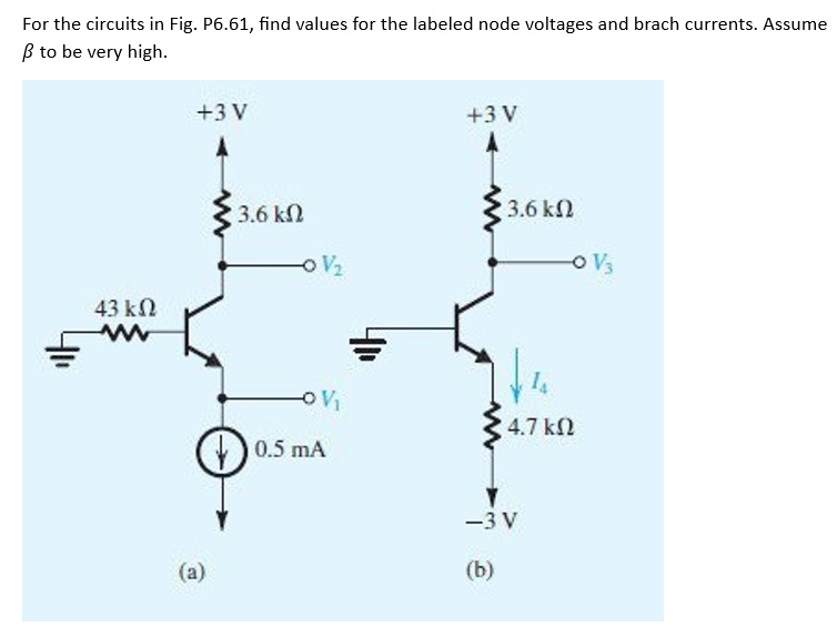 For the circuits in Fig. P6.61, find values for the labeled node voltages and brach currents. Assume
β to be very high.
43 ΚΩ
www
+3V
3.6 ΚΩ
(a)
SV2
-O V₁
(1) 0.5 mA
+3V
3.6ΚΩ
4.7 ΚΩ
–3V
(b)
V3