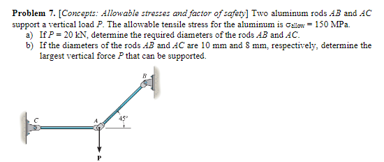 Problem 7. [Concepts: Allowable stresses and factor of safety] Two aluminum rods AB and AC
support a vertical load P. The allowable tensile stress for the aluminum is Gallow = 150 MPa.
a) If P = 20 kN, determine the required diameters of the rods AB and AC.
b) If the diameters of the rods AB and AC are 10 mm and 8 mm, respectively, determine the
largest vertical force P that can be supported.
U
B