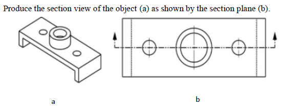 Produce the section view of the object (a) as shown by the section plane (b).
b

