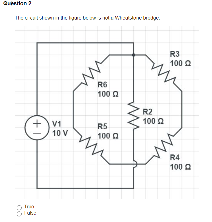 Question 2
The circuit shown in the figure below is not a Wheatstone brodge.
R3
100 2
R6
100 2
R2
V1
100 2
R5
10 V
100 2
R4
100 2
True
False
