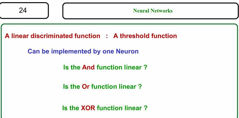 24
Neural Networks
A linear discriminated function: A threshold function
Can be implemented by one Neuron
Is the And function linear ?
Is the Or function linear ?
Is the XOR function linear ?