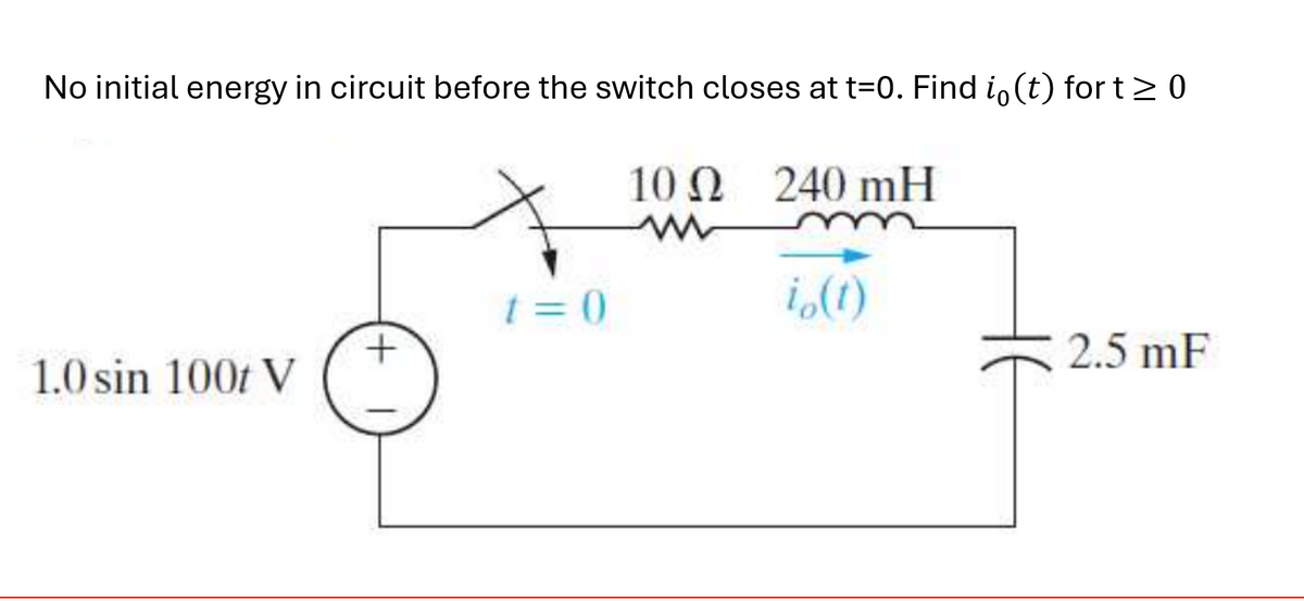 No initial energy in circuit before the switch closes at t=0. Find in (t) for t≥ 0
1.0 sin 100t V
+ 1
t=0
10 240 mH
Ω
w
io(t)
2.5 mF