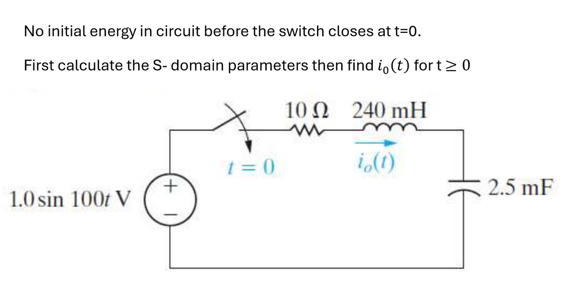 No initial energy in circuit before the switch closes at t=0.
First calculate the S- domain parameters then find i̟ (t) for t≥0
10240 mH
w
t=0
+
1.0 sin 100t V
io(t)
2.5 mF