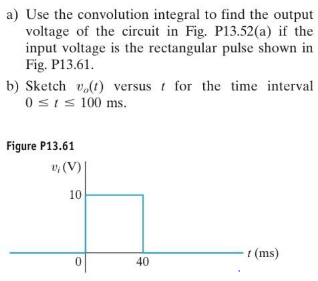 a) Use the convolution integral to find the output
voltage of the circuit in Fig. P13.52(a) if the
input voltage is the rectangular pulse shown in
Fig. P13.61.
b) Sketch vo(t) versus t for the time interval
0 ≤t≤ 100 ms.
Figure P13.61
vi (V)
10
(ms)
0
40