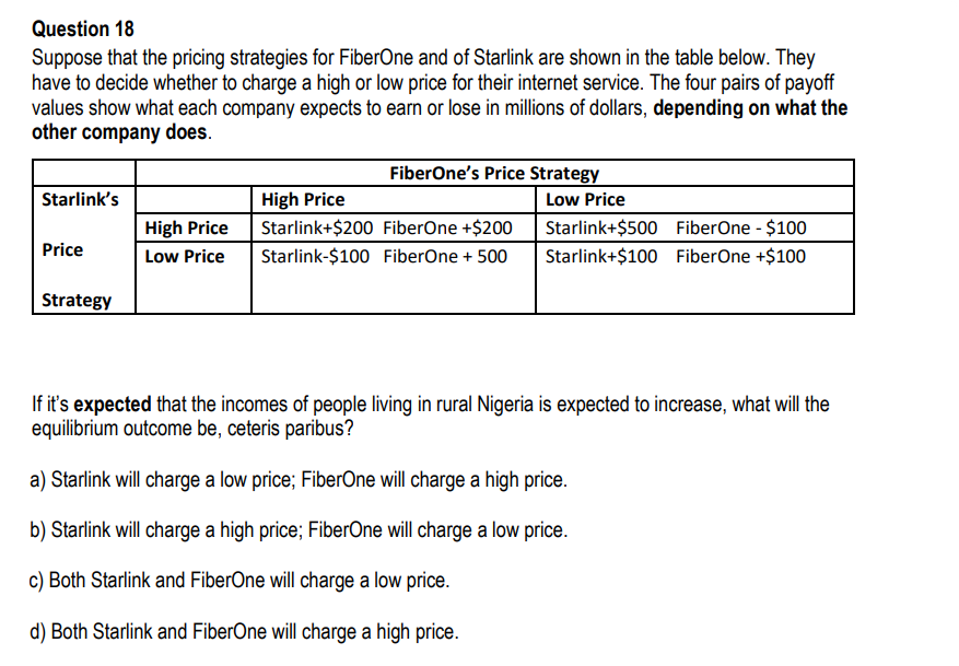 Question 18
Suppose that the pricing strategies for FiberOne and of Starlink are shown in the table below. They
have to decide whether to charge a high or low price for their internet service. The four pairs of payoff
values show what each company expects to earn or lose in millions of dollars, depending on what the
other company does.
Starlink's
Price
Strategy
High Price
Low Price
FiberOne's Price Strategy
Low Price
High Price
Starlink+$200 FiberOne +$200
Starlink-$100 FiberOne + 500
Starlink+$500 FiberOne - $100
Starlink+$100 FiberOne +$100
If it's expected that the incomes of people living in rural Nigeria is expected to increase, what will the
equilibrium outcome be, ceteris paribus?
a) Starlink will charge a low price; FiberOne will charge a high price.
b) Starlink will charge a high price; FiberOne will charge a low price.
c) Both Starlink and FiberOne will charge a low price.
d) Both Starlink and FiberOne will charge a high price.