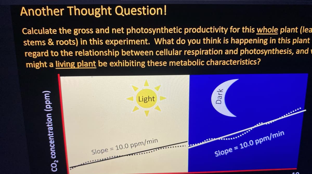 Another Thought Question!
Calculate the gross and net photosynthetic productivity for this whole plant (lear
stems & roots) in this experiment. What do you think is happening in this plant
regard to the relationship between cellular respiration and photosynthesis, and
might a living plant be exhibiting these metabolic characteristics?
Light
Slope = 10.0 ppm/min
%3D
Slope = 10.0 ppm/min
CO, concentration (ppm)
Dark
