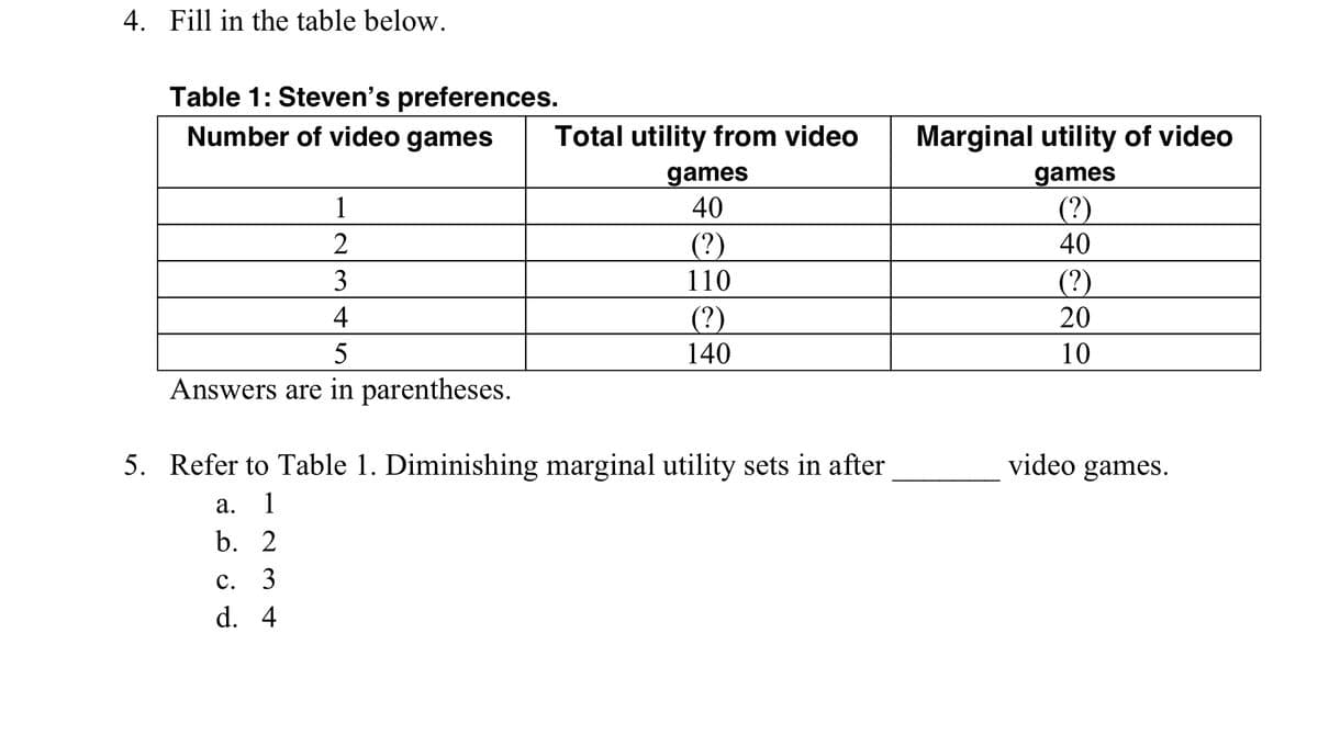 4. Fill in the table below.
Table 1: Steven's preferences.
Number of video games
1
2
3
4
5
Answers are in parentheses.
5. Refer to Table 1. Diminishing marginal utility sets in after
a. 1
b. 2
C.
34
Total utility from video
games
40
(?)
110
(?)
140
d. 4
Marginal utility of video
games
(?)
40
(?)
20
10
video games.
