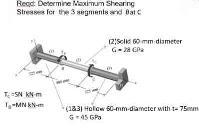 Reqd: Determine Maximum Shearing
Stresses for the 3 segments and eat C
(2)Solid 60-mm-diameter
G = 28 GPa
Tc
325 mm
400 man
Tc=SN kN-m
325 mm
Tg =MN kN-m
(1&3) Hollow 60-mm-diameter with t= 75mm
G = 45 GPa
