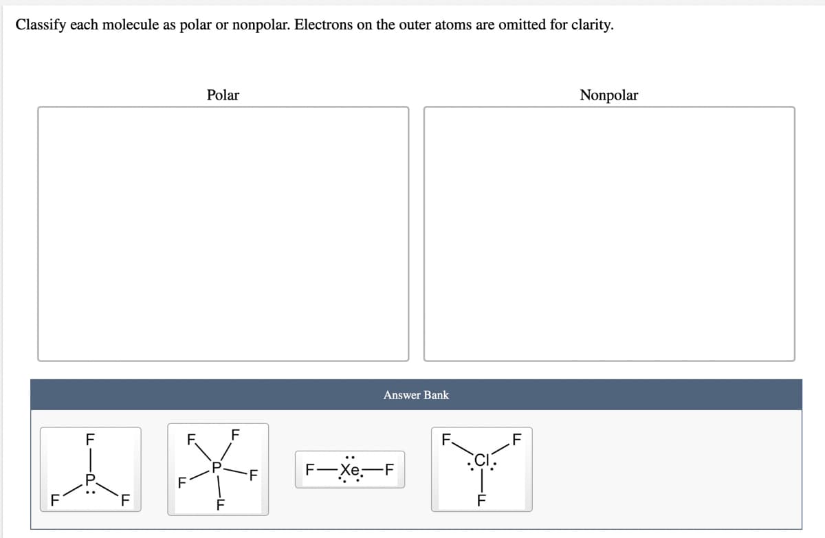 Classify each molecule as polar or nonpolar. Electrons on the outer atoms are omitted for clarity.
Polar
Nonpolar
Answer Bank
F
F.
F
F.
F
F-Xe-F
F
F
