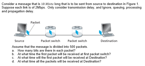 Consider a message that is 10 Mbits long that is to be sent from source to destination in Figure 1.
Suppose each link is of 2Mbps. Only consider transmission delay, and Ignore, queuing, processing
and propagation delay.
Packet
Source
Packet switch
Packet switch
Destination
Assume that the message is divided into 500 packets.
a. How many bits are there in each packet?
b. At what time the first packet will be received at first packet switch?
c. At what time will the first packet will be received at Destination?
d. At what time all the packets will be received at Destination?
