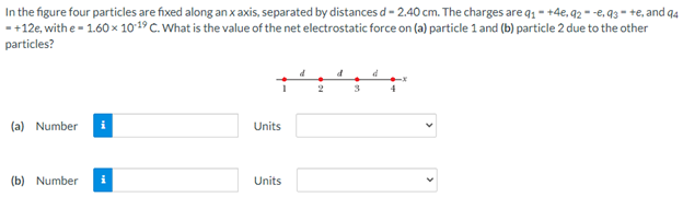 In the figure four particles are fixed along anx axis, separated by distances d - 2.40 cm. The charges are q1 - +4e, 92 - -e, q3 - +e, and q4
-+12e, with e - 1.60 x 10*19 C. What is the value of the net electrostatic force on (a) particle 1 and (b) particle 2 due to the other
particles?
(a) Number
Units
(b) Number
Units
