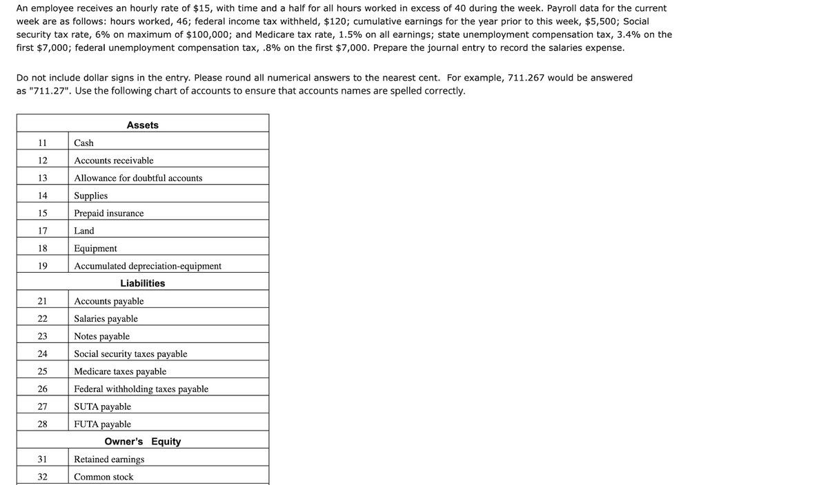 An employee receives an hourly rate of $15, with time and a half for all hours worked in excess of 40 during the week. Payroll data for the current
week are as follows: hours worked, 46; federal income tax withheld, $120; cumulative earnings for the year prior to this week, $5,500; Social
security tax rate, 6% on maximum of $100,000; and Medicare tax rate, 1.5% on all earnings; state unemployment compensation tax, 3.4% on the
first $7,000; federal unemployment compensation tax, .8% on the first $7,000. Prepare the journal entry to record the salaries expense.
Do not include dollar signs in the entry. Please round all numerical answers to the nearest cent. For example, 711.267 would be answered
as "711.27". Use the following chart of accounts to ensure that accounts names are spelled correctly.
11
12
13
14
15
17
18
19
21
22
23
24
25
26
27
28
31
32
Cash
Assets
Accounts receivable
Allowance for doubtful accounts
Supplies
Prepaid insurance
Land
Equipment
Accumulated depreciation-equipment
Liabilities
Accounts payable
Salaries payable
Notes payable
Social security taxes payable
Medicare taxes payable
Federal withholding taxes payable
SUTA payable
FUTA payable
Owner's Equity
Retained earnings
Common stock