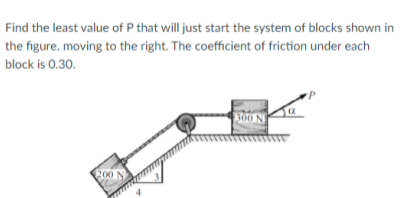 Find the least value of P that will just start the system of blocks shown in
the figure. moving to the right. The coefficient of friction under each
block is 0.30.
300N
200 N
