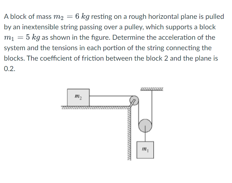 A block of mass m2 = 6 kg resting on a rough horizontal plane is pulled
by an inextensible string passing over a pulley, which supports a block
mị = 5 kg as shown in the figure. Determine the acceleration of the
system and the tensions in each portion of the string connecting the
blocks. The coefficient of friction between the block 2 and the plane is
0.2.
m2
m
