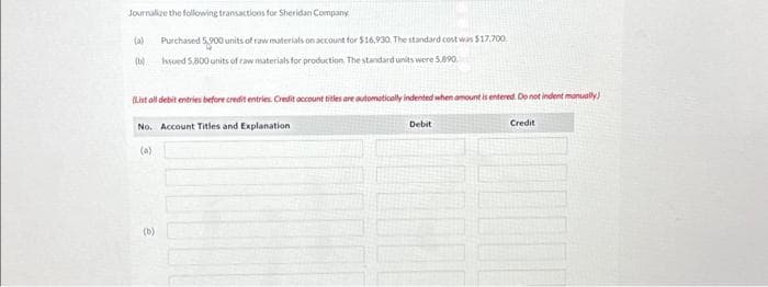 Journalize the following transactions for Sheridan Company.
(a) Purchased 5,900 units of raw materials on account for $16.930. The standard cost was $17,700.
(b) Issued 5,800 units of raw materials for production. The standard units were 5.890.
List all debit entries before credit entries. Credit account titles are automatically indented when amount is entered. Do not indent manually)
No. Account Titles and Explanation
(a)
(b)
Debit
Credit