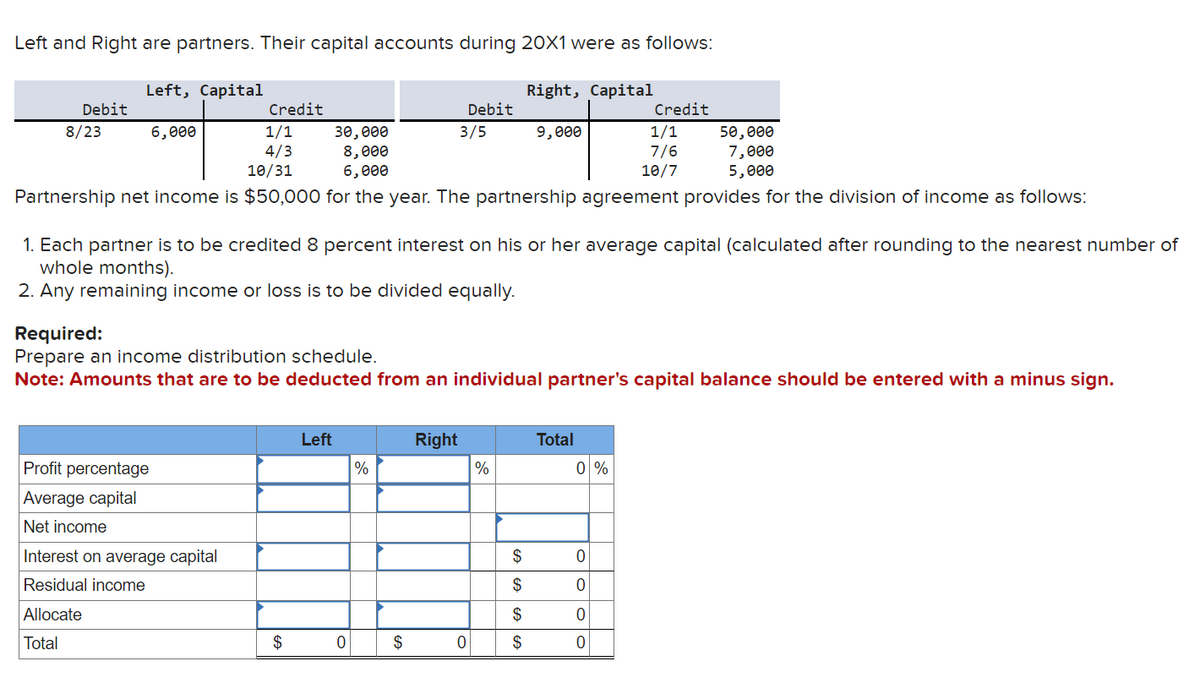 Left and Right are partners. Their capital accounts during 20X1 were as follows:
Left, Capital
Debit
8/23
6,000
Credit
1/1
4/3
10/31
Profit percentage
Average capital
Net income
Interest on average capital
Residual income
Allocate
Total
$
30,000
8,000
6,000
Partnership net income is $50,000 for the year. The partnership agreement provides for the division of income as follows:
Left
0
1. Each partner is to be credited 8 percent interest on his or her average capital (calculated after rounding to the nearest number of
whole months).
2. Any remaining income or loss is to be divided equally.
%
Debit
3/5
Required:
Prepare an income distribution schedule.
Note: Amounts that are to be deducted from an individual partner's capital balance should be entered with a minus sign.
$
Right
0
Right, Capital
9,000
%
$
$
$
$
Total
Credit
1/1
7/6
10/7
0 %
50,000
7,000
5,000
0
0
0
0