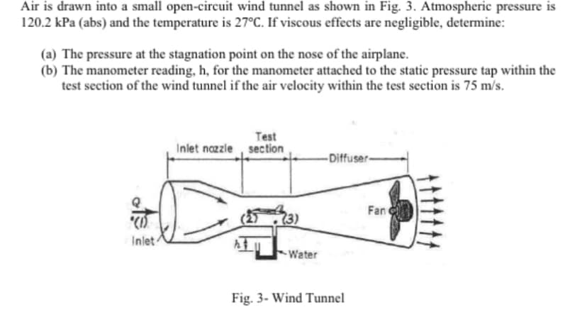 Air is drawn into a small open-circuit wind tunnel as shown in Fig. 3. Atmospheric pressure is
120.2 kPa (abs) and the temperature is 27°C. If viscous effects are negligible, determine:
(a) The pressure at the stagnation point on the nose of the airplane.
(b) The manometer reading, h, for the manometer attached to the static pressure tap within the
test section of the wind tunnel if the air velocity within the test section is 75 m/s.
Test
Inlet nozzle section
-Diffuser-
Fan
73)
Inlet
-Water
Fig. 3- Wind Tunnel
