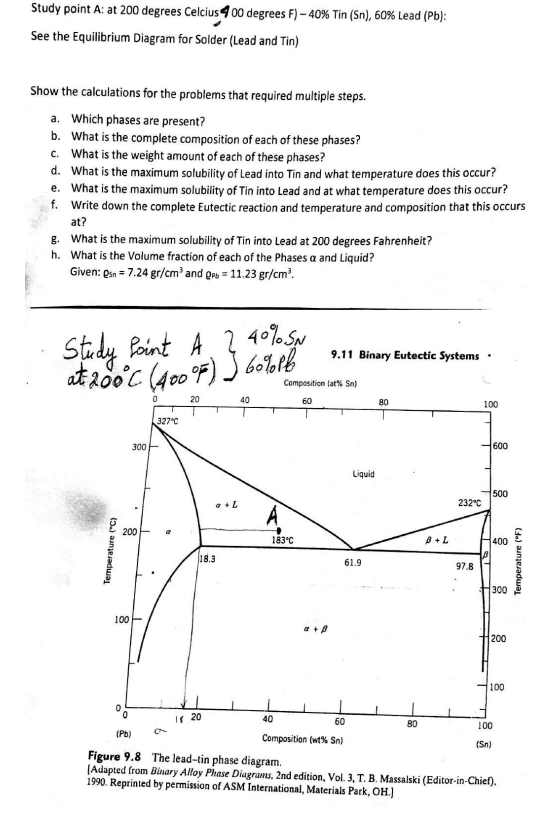 Study point A: at 200 degrees Celcius 400 degrees F) -40% Tin (Sn), 60% Lead (Pb):
See the Equilibrium Diagram for Solder (Lead and Tin)
Show the calculations for the problems that required multiple steps.
a. Which phases are present?
b.
What is the complete composition of each of these phases?
c. What is the weight amount of each of these phases?
d. What is the maximum solubility of Lead into Tin and what temperature does this occur?
e. What is the maximum solubility of Tin into Lead and at what temperature does this occur?
f. Write down the complete Eutectic reaction and temperature and composition that this occurs
at?
g. What is the maximum solubility of Tin into Lead at 200 degrees Fahrenheit?
h.
What is the Volume fraction of each of the Phases a and Liquid?
Given: Osn = 7.24 gr/cm³ and Q=11.23 gr/cm³.
2 40% SN
Study Point A
at 200°C (400°F) 60% Pb
20
Temperature (°C)
300
200
100-
(Pb)
0
327°C
18.3
120
40
A
183°C
40
Composition (at% Sn)
60
9.11 Binary Eutectic Systems
a + A
T
Liquid
61.9
60
Composition (wt% Sn)
80
80
B+L
232°C
97.8
100
21
I
T
600
500
400
300
200
100
100
(Sn)
Figure 9.8 The lead-tin phase diagram.
(Adapted from Binary Alloy Phase Diagrams, 2nd edition, Vol. 3, T. B. Massalski (Editor-in-Chief).
1990. Reprinted by permission of ASM International, Materials Park, OH.)
Temperature (°F)