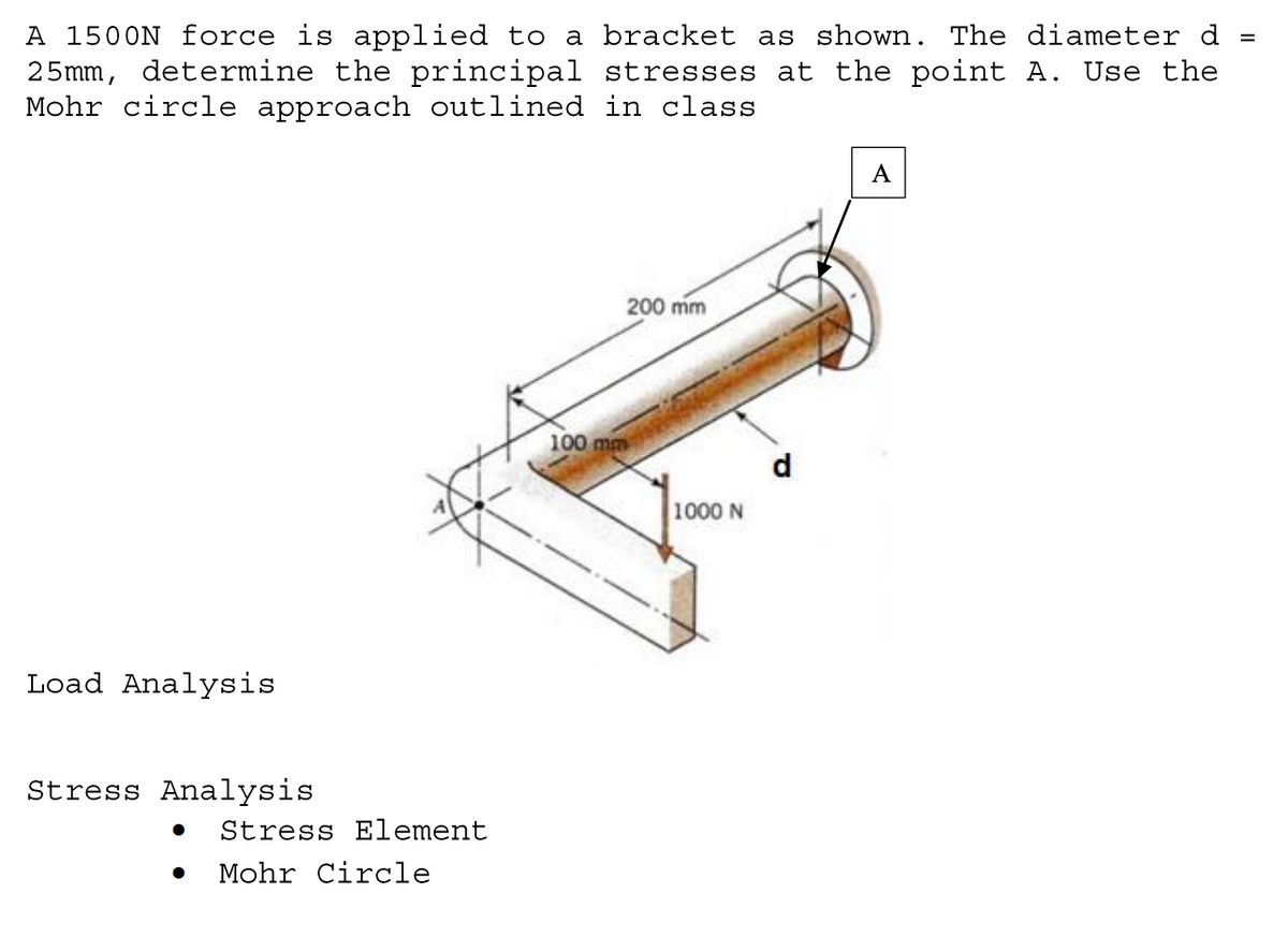A 1500N force is applied to a bracket as shown. The diameter d
25mm, determine the principal stresses at the point A. Use the
Mohr circle approach outlined in class
A
200 mm
100 mm
d
1000 N
Load Analysis
Stress Analysis
Stress Element
Mohr Circle
