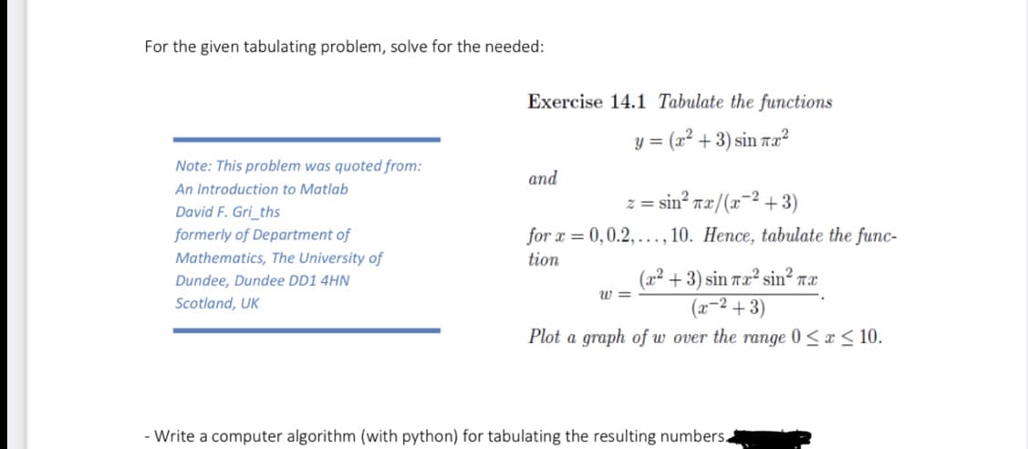 For the given tabulating problem, solve for the needed:
Note: This problem was quoted from:
An Introduction to Matlab
David F. Gri_ths
formerly of Department of
Mathematics, The University of
Dundee, Dundee DD1 4HN
Scotland, UK
Exercise 14.1 Tabulate the functions
y = (x² + 3) sin x²
and
-2
z=sin? næ/(z~2+3)
for x = 0,0.2,..., 10. Hence, tabulate the func-
tion
(x²+3) sin Tx² sin² Tx
(x−²+3)
Plot a graph of w over the range 0≤ x ≤ 10.
W=
- Write a computer algorithm (with python) for tabulating the resulting numbers.