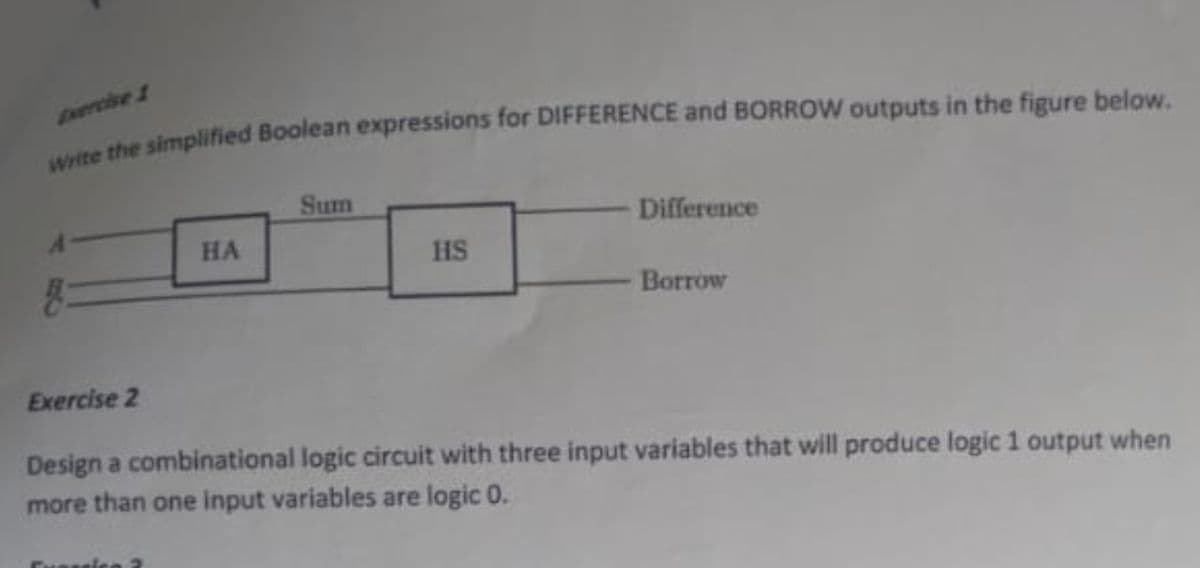 write the simplified Boolean expressions for DIFFERENCE and BORROW outputs in the figure below.
8=
Exercise 2
HA
Sum
HS
Difference
Borrow
Design a combinational logic circuit with three input variables that will produce logic 1 output when
more than one input variables are logic 0.