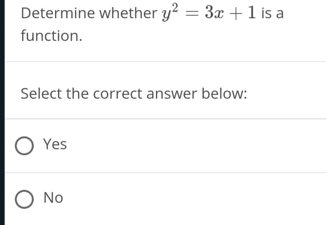 Determine whether y?
3x +1 is a
%3D
function.
Select the correct answer below:
O Yes
O No

