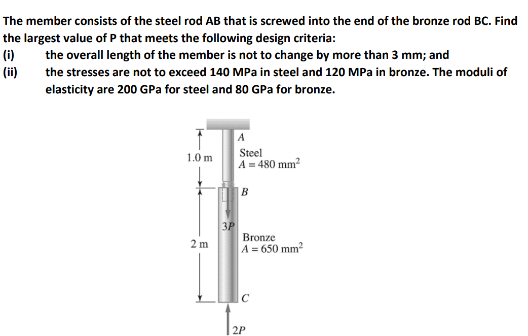 The member consists of the steel rod AB that is screwed into the end of the bronze rod BC. Find
the largest value of P that meets the following design criteria:
(i)
the overall length of the member is not to change by more than 3 mm; and
(ii)
the stresses are not to exceed 140 MPa in steel and 120 MPa in bronze. The moduli of
elasticity are 200 GPa for steel and 80 GPa for bronze.
A
Steel
1.0 m
A = 480 mm²
В
3P
Bronze
A = 650 mm²
2 m
2P
