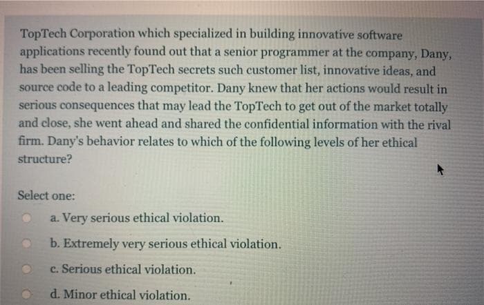 TopTech Corporation which specialized in building innovative software
applications recently found out that a senior programmer at the company, Dany,
has been selling the TopTech secrets such customer list, innovative ideas, and
source code to a leading competitor. Dany knew that her actions would result in
serious consequences that may lead the TopTech to get out of the market totally
and close, she went ahead and shared the confidential information with the rival
firm. Dany's behavior relates to which of the following levels of her ethical
structure?
Select one:
a. Very serious ethical violation.
b. Extremely very serious ethical violation.
c. Serious ethical violation.
d. Minor ethical violation.
