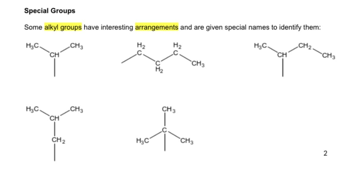 Special Groups
Some alkyl groups have interesting arrangements and are given special names to identify them:
CH₂.
H₂C.
H3C.
H₂C.
CH
CH
CH₂
CH3
CH3
H₂
CH3
CH 3
for
CH3
H3C
CH3
2