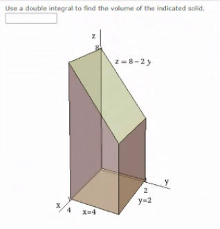 Use a double integral to find the volume of the indicated solid.
z = 8-2y
2
y=2
4
X=4
