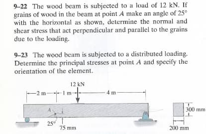 9-22 The wood beam is subjected to a load of 12 kN. If
grains of wood in the beam at point A make an angle of 25°
with the horizontal as shown, determine the normal and
shear stress that act perpendicular and parallel to the grains
due to the loading.
9-23 The wood beam is subjected to a distributed loading.
Determine the principal stresses at point A and specify the
orientation of the element.
12 kN
-2 m 1 m-
4 m
25°
75 mm
300 mm
200 mm