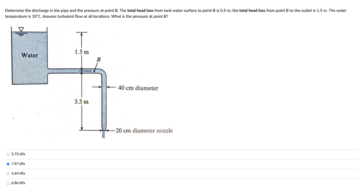 Determine the discharge in the pipe and the pressure at point B. The total head loss from tank water surface to point B is 0.5 m; the total head loss from point B to the outlet is 1.5 m. The water
temperature is 10°C. Assume turbulent flow at all locations. What is the pressure at point B?
Water
O 5.75 kPa
7.97 kPa
O 4.64 kPa
O 6.86 kPa
1.5 m
3.5 m
B
40 cm diameter
-20 cm diameter nozzle