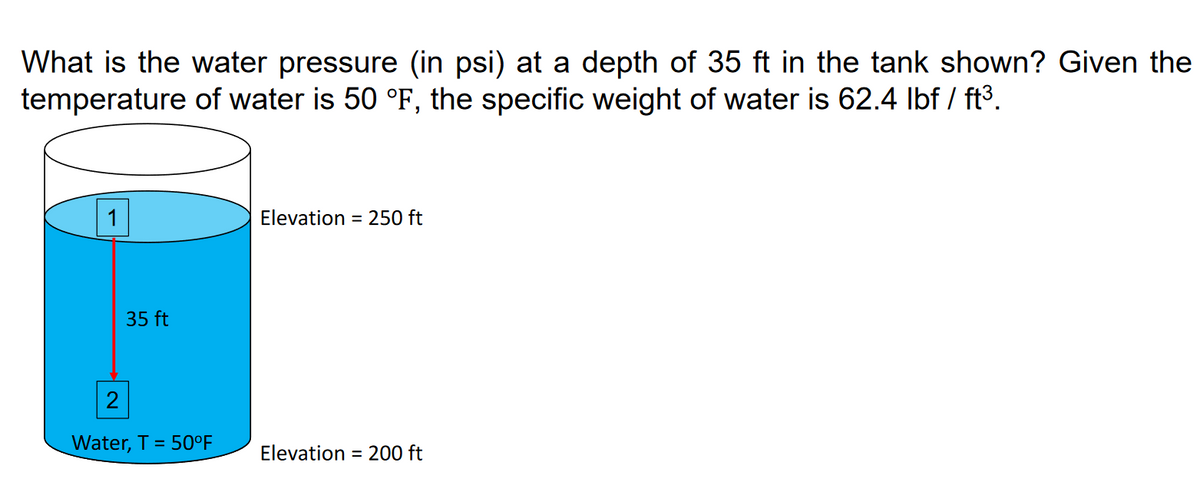 What is the water pressure (in psi) at a depth of 35 ft in the tank shown? Given the
temperature of water is 50 °F, the specific weight of water is 62.4 lbf / ft³.
35 ft
2
Water, T = 50°F
Elevation = 250 ft
Elevation = 200 ft